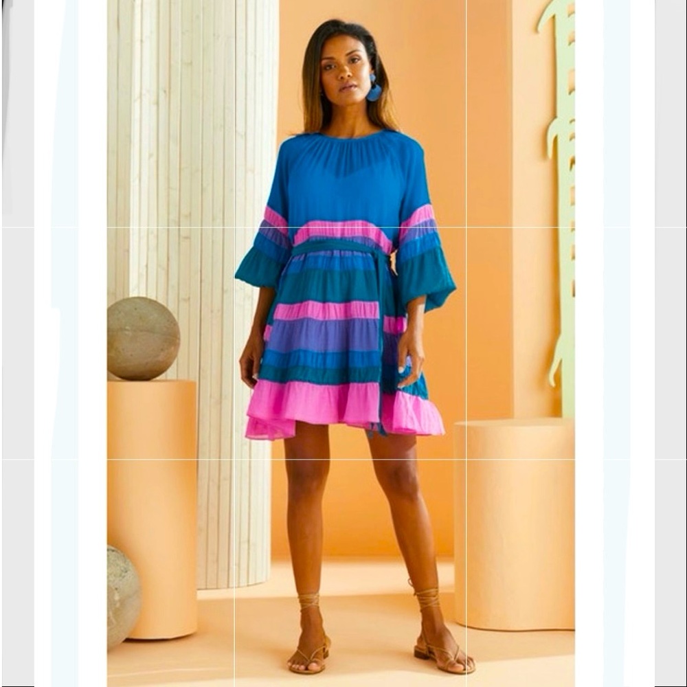 Marie Oliver Reida 100% Silk tunic striped blue and pink dress, size small